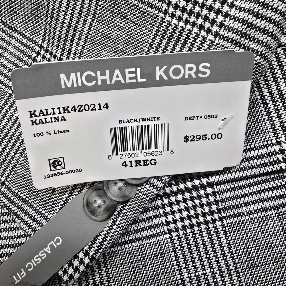 Michael‎ Kors Linen Sport Coat Mens 41R Large Black White Plaid Classic Fit NEW